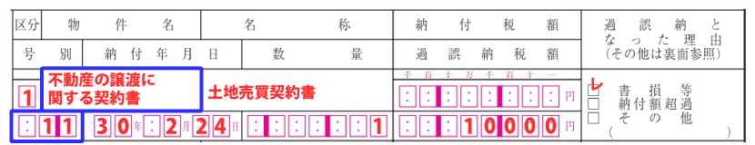 過誤納の事実の記入例「号別・物件名」