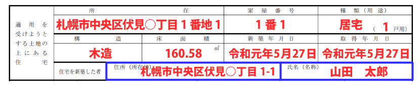 住宅の情報の記入例「住宅を新築した者の住所（所在地）・氏名（名称）」