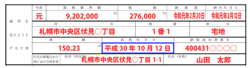 土地の情報の記入例「取得年月日」