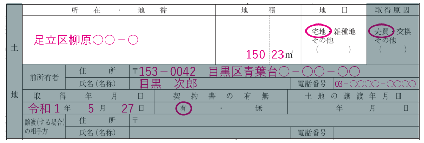 土地の情報の記入例「所在・地番・地積・地目」