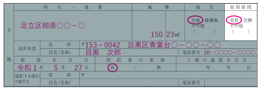 土地の情報の記入例「取得原因」