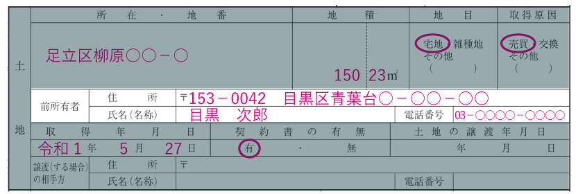 土地の情報の記入例「前所有者の住所・氏名・電話番号」