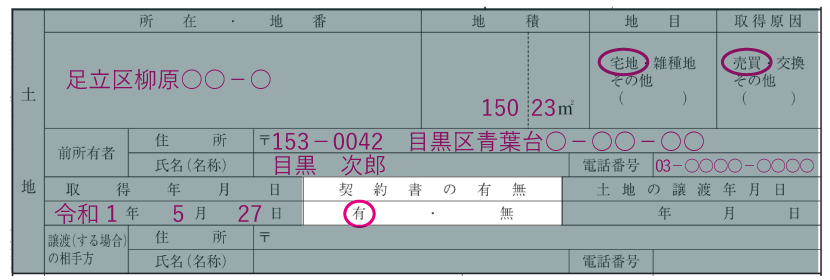 土地の情報の記入例「契約書の有無」