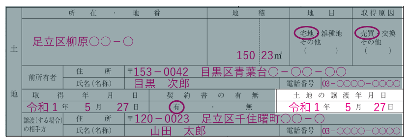 土地の情報の記入例「土地の譲渡年月日」