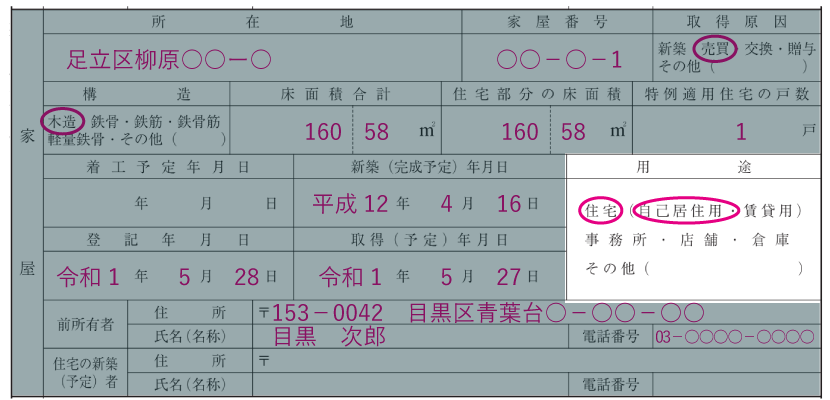 家屋の情報の記入例「用途」