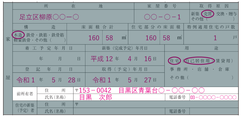 家屋の情報の記入例「前所有者の住所・氏名・電話番号」