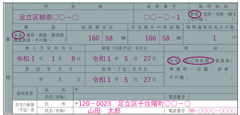 家屋の情報の記入例「住宅の新築（予定）者の住所・氏名・電話番号」