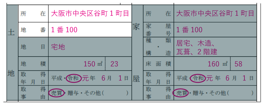 土地の情報の記入例「所在・地番」