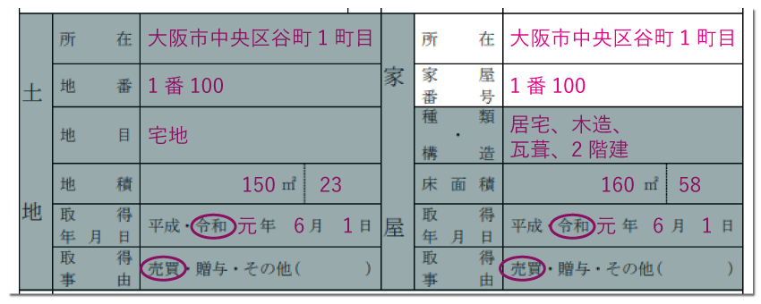 家屋の情報の記入例「所在・家屋番号」