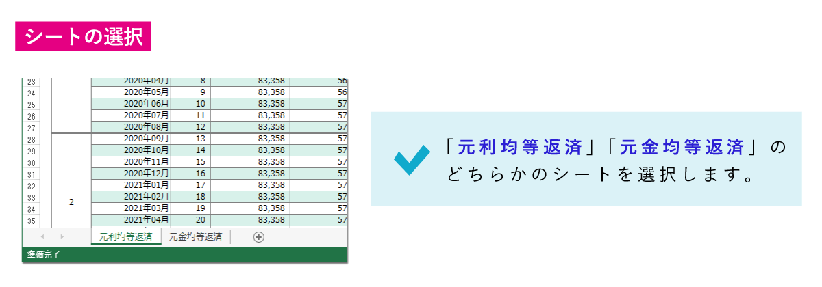 「元利均等返済」「元金均等返済」のシート選択