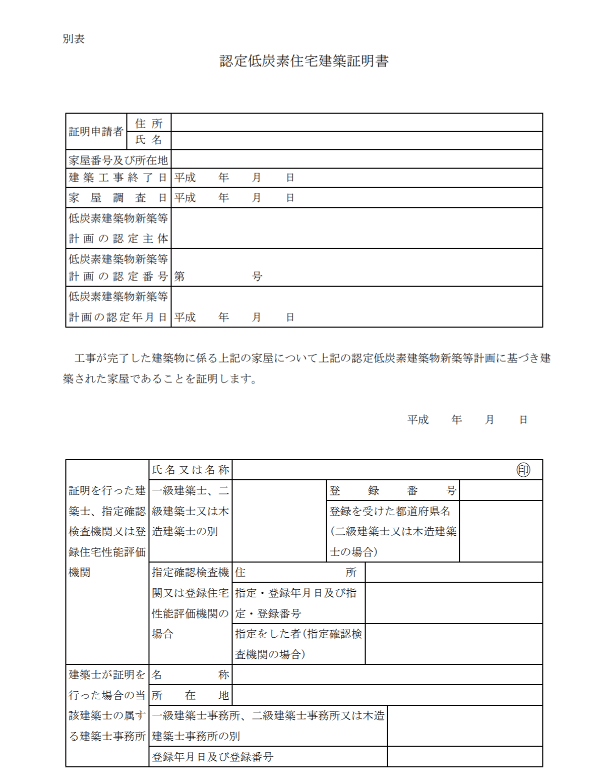 認定低炭素住宅建築証明書