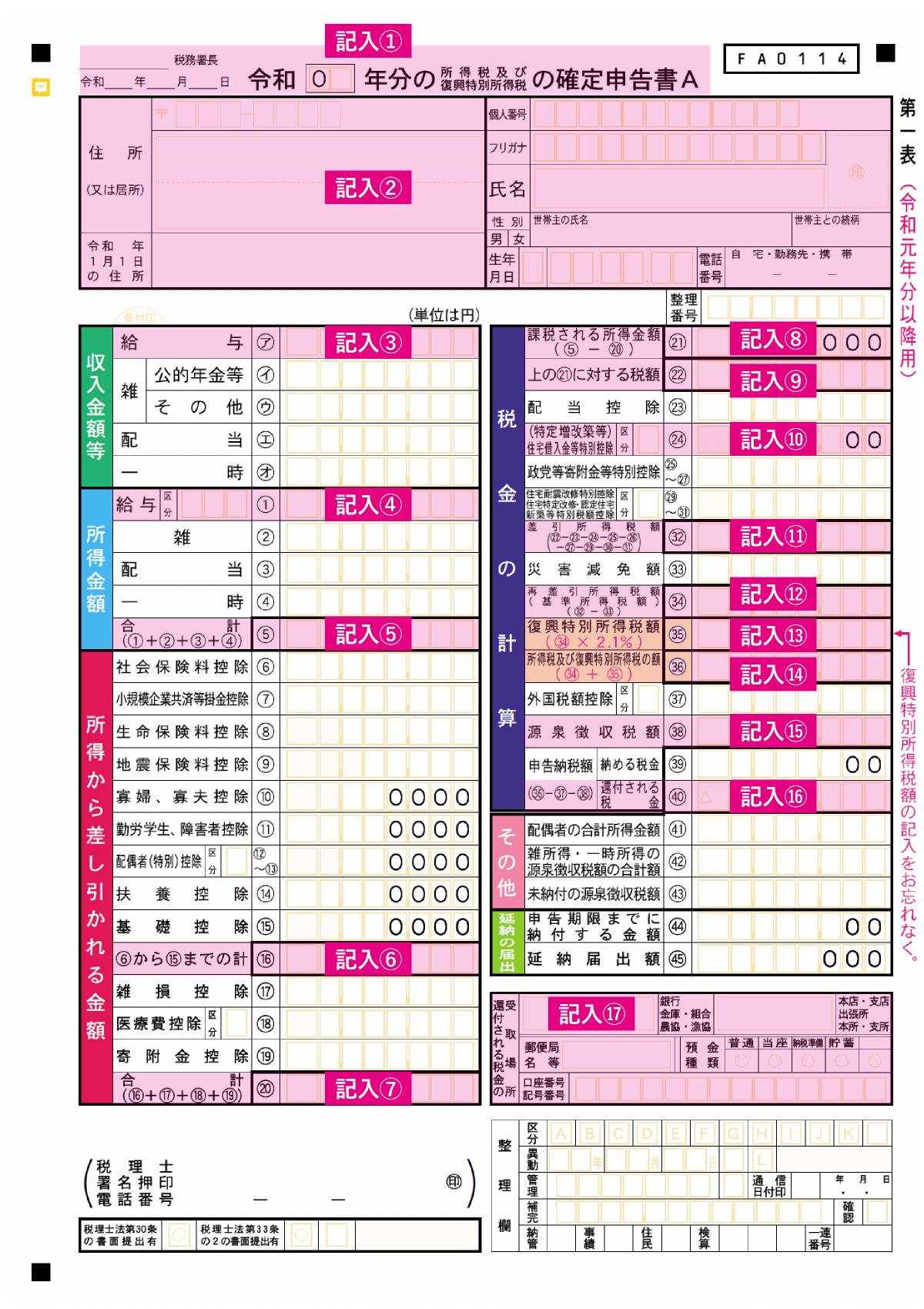 確定申告書A記入項目