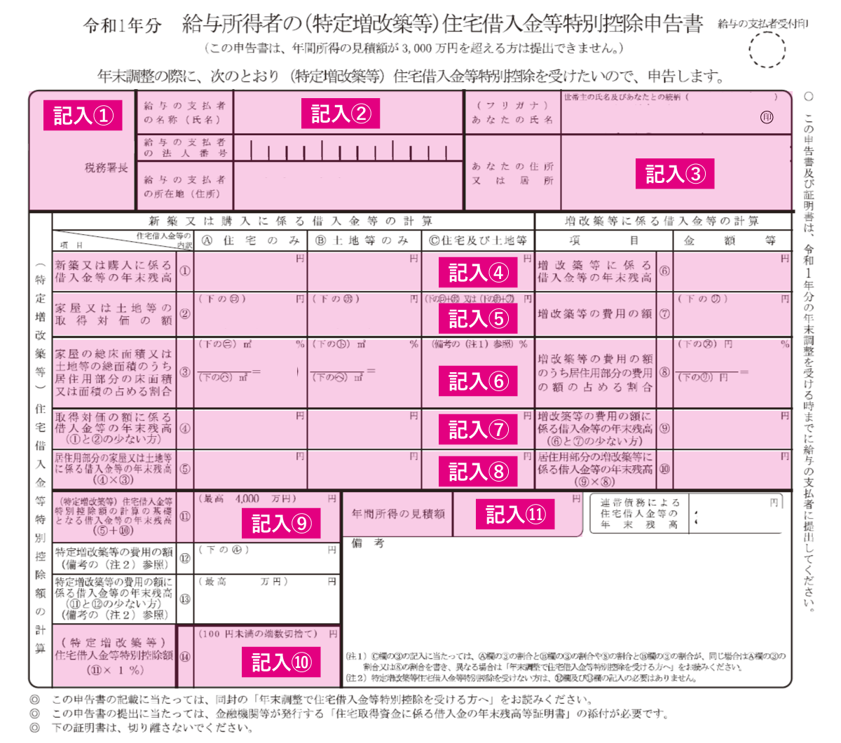 給与所得者の(特定増改築等)住宅借入金等特別控除申告書の記入項目